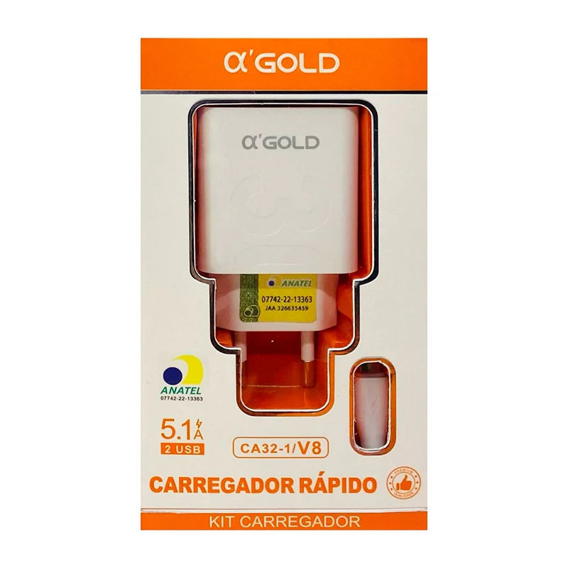 Carregador Gold CA32-1 com Cabo V8 – Carregamento Rápido e Seguro